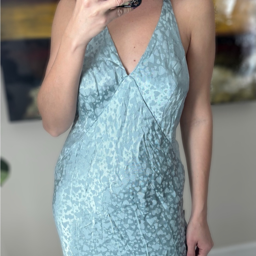 Top Shop Elegant Blue Satin Evening Gown heart print sz S-M